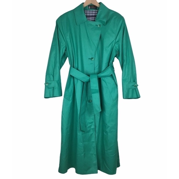 LONDON FOG Trench Coat Classic Gingham Lining Green Navy Petite Plus Size 14P - Picture 10 of 10